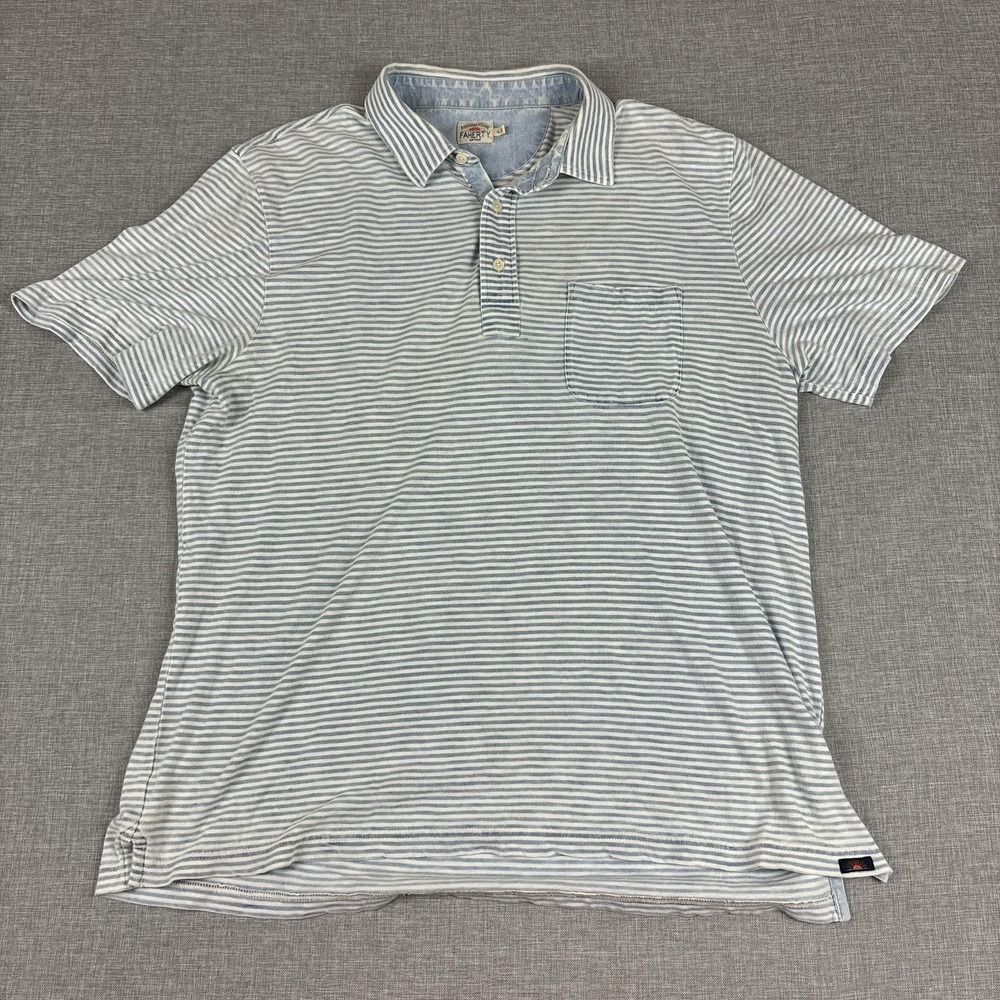 Faherty Brand Polo Shirt Mens XL Blue Striped Pocket 100% Cotton Short Sleeve